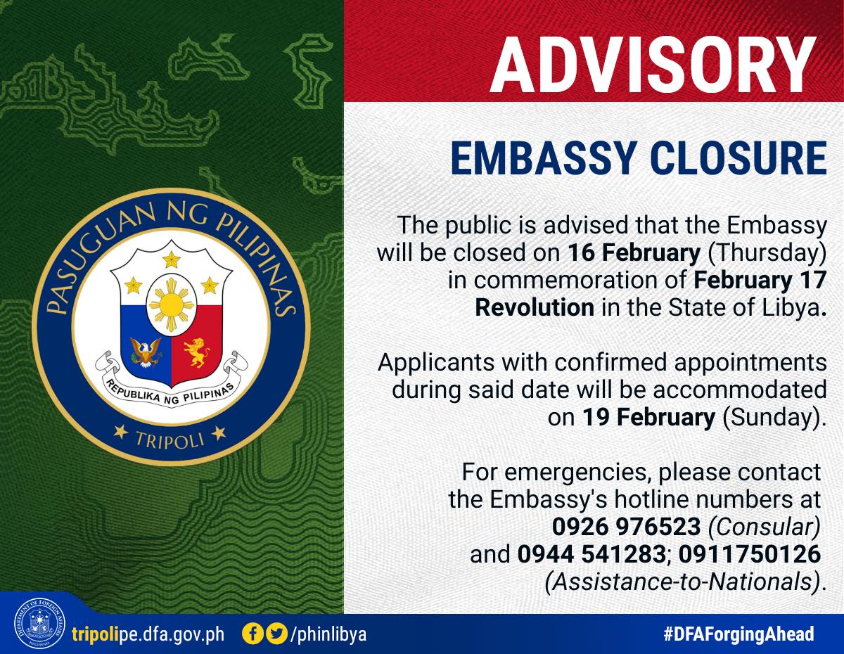 ADVISORY No Embassy operations on Thursday 16 February 2023 in commemoration of February 17 Revolution