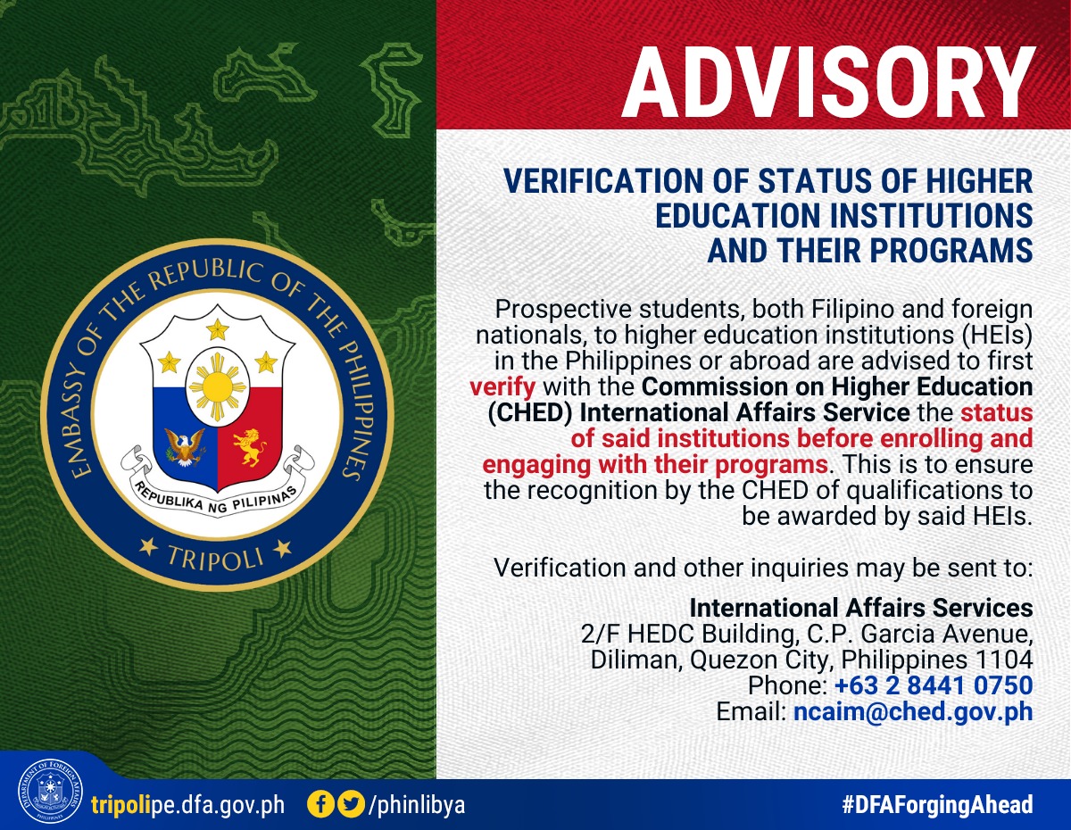 ADVISORY Verification of Status of Higher Education Institutions and their Programs with Commission on Higher EducationCHED