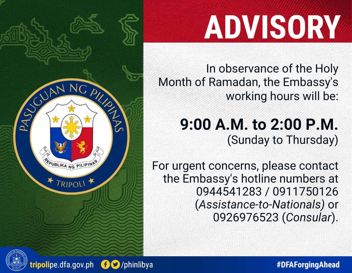 Embassys working hours during the Month of Ramadan 23 March to 20 April 2023
