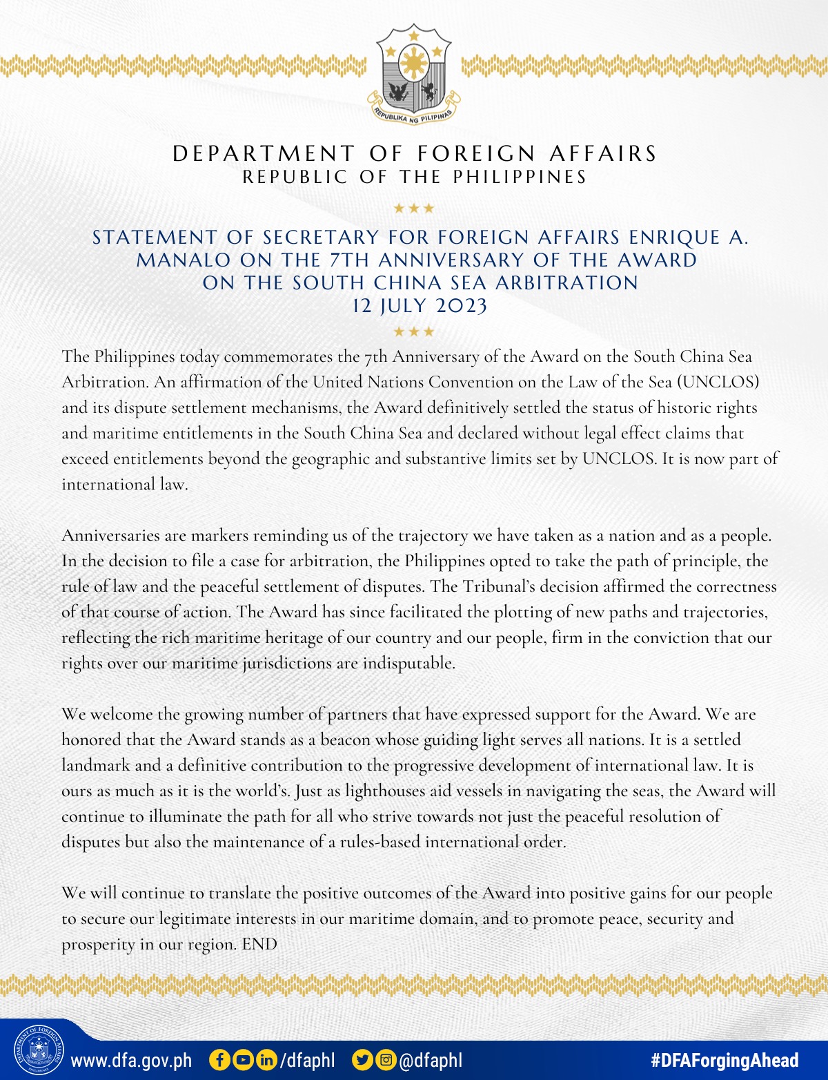 DFAStatement Statement of Secretary for Foreign Affairs Enrique A. Manalo on the 7th Anniversary of the Award on the South China Sea Arbitration