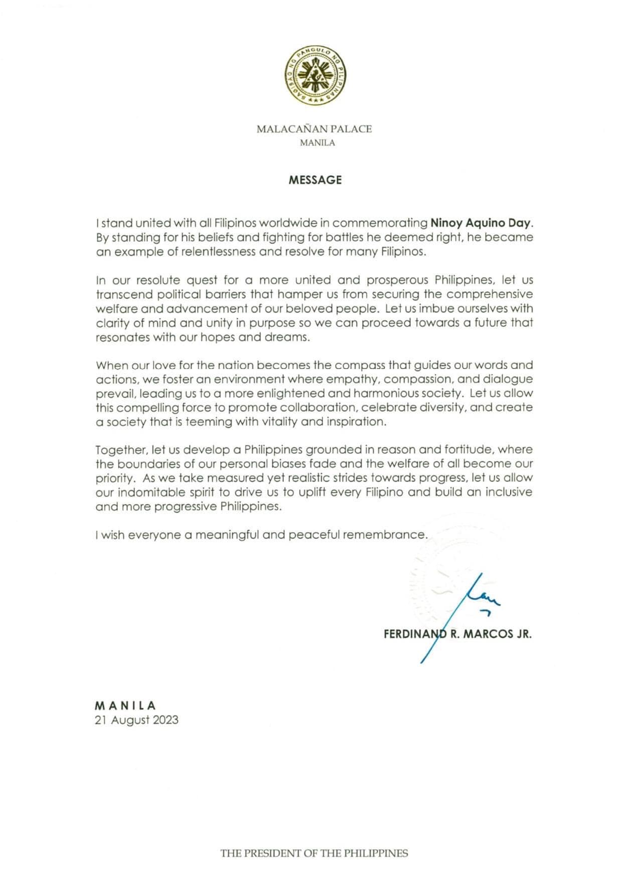Message of President Ferdinand Romualdez Marcos Jr. on the commemoration of Ninoy