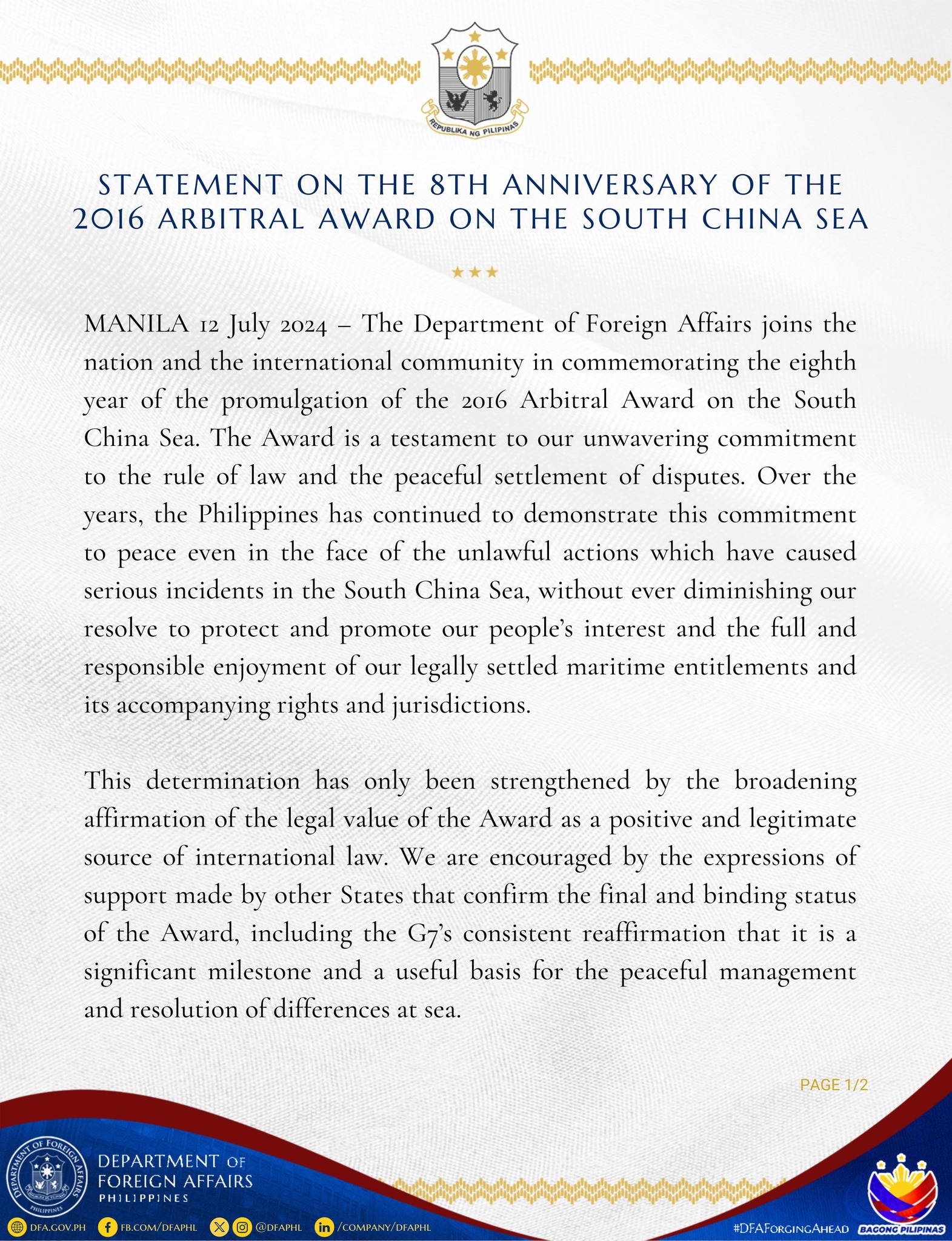 13 July 2024 Statement on the 8th Anniv of Arbitral Award